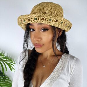 Women's Vintage Tan Straw Hat Boho Cottagecore Coastal Crochet Beaded Buck Hat